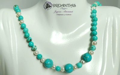 Gargantilla Choker 925 CNADQA4, pieza unica con perla de río cultivaday turquesas en varias medidas, pieza única de la nueva colección