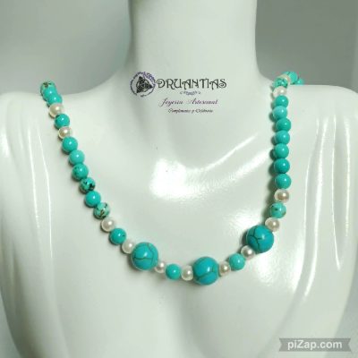 Gargantilla Choker 925 CNADQA4, pieza unica con perla de río cultivaday turquesas en varias medidas, pieza única de la nueva colección